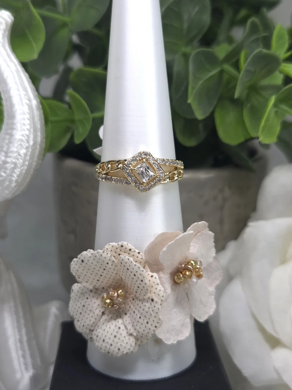 Gold-Tone Cubic Zirconia Square Halo Ring